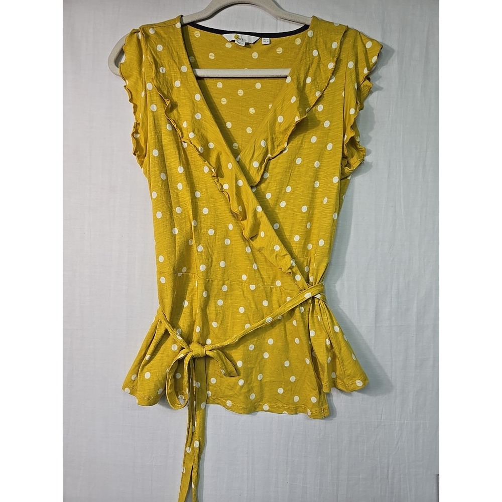 Boden Women's Yellow White Polka Dots Cap‎ Sleeve Full Wrap Blouse Size 8R Tie